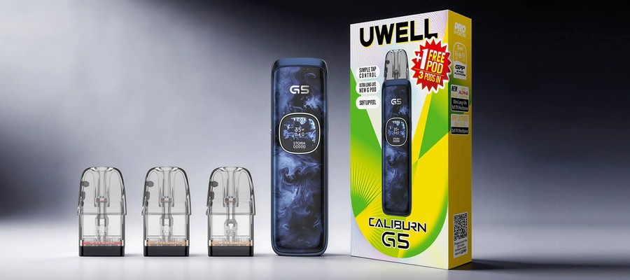 Uwell Caliburn G5 Pod Kit — device with colour screen and three GPP pods included