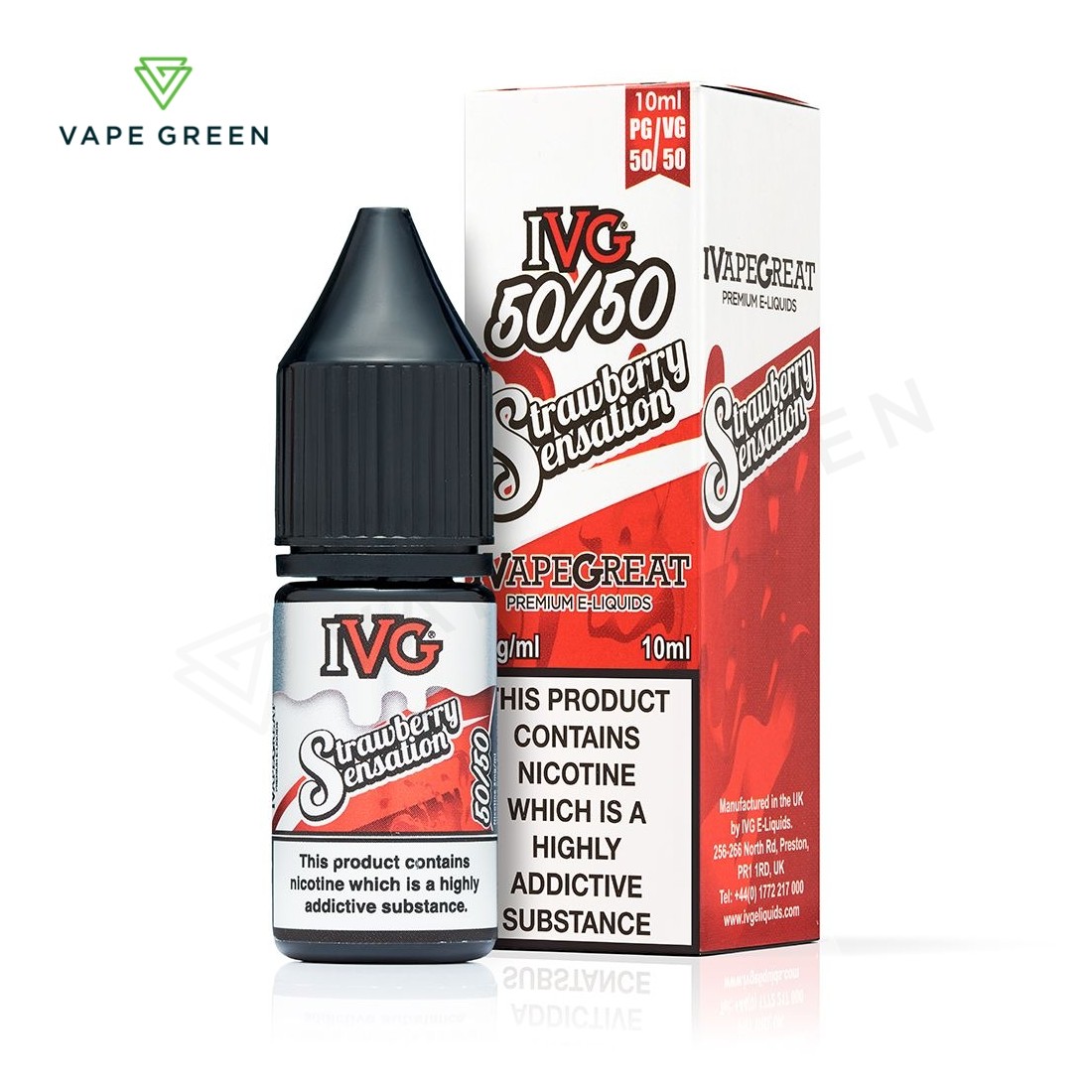 IVG 5050 Strawberry Sensation e-liquid bottle, a popular sweet berry candy vape juice.