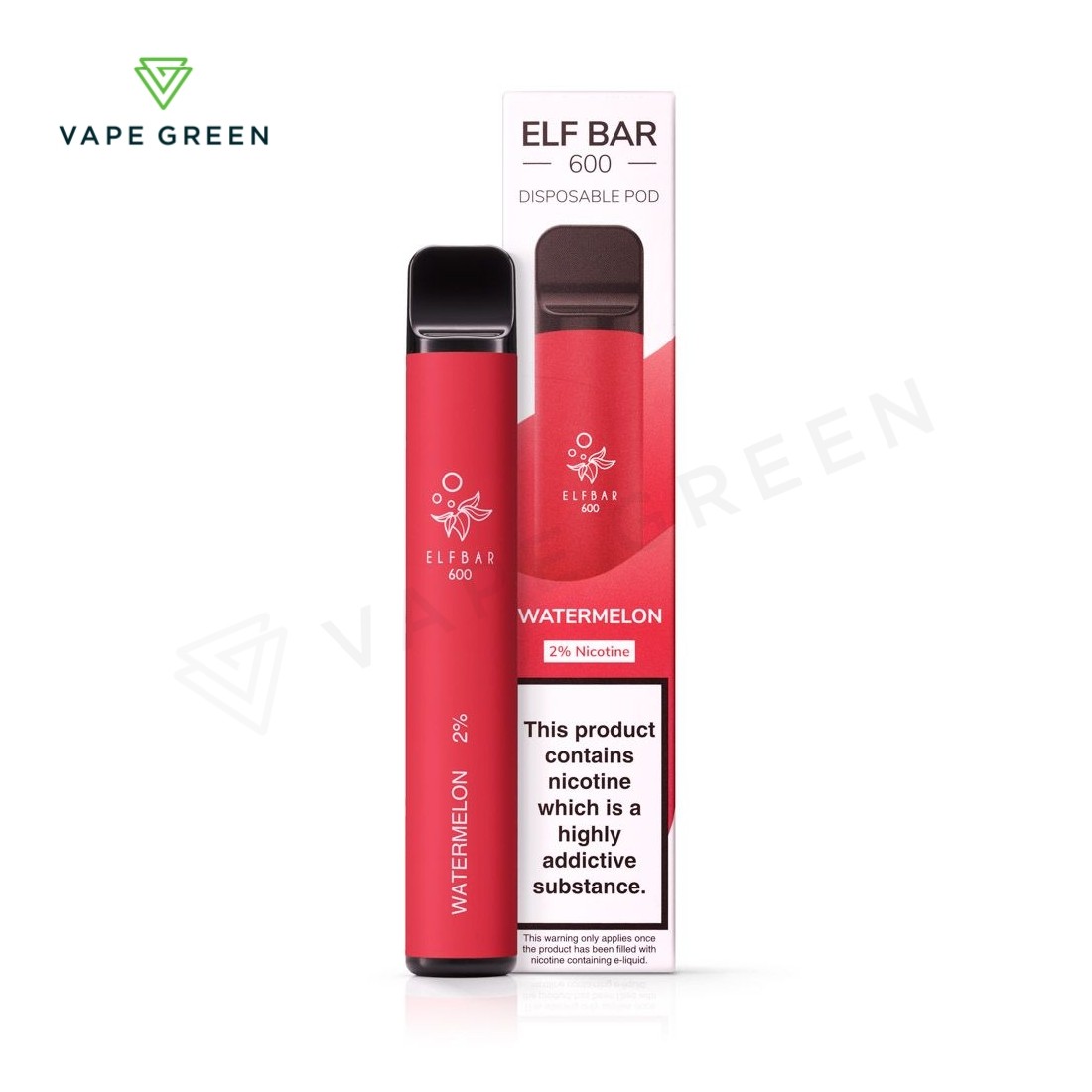 Watermelon ELFBAR 600 disposable vape device showcasing a bright red exterior design.