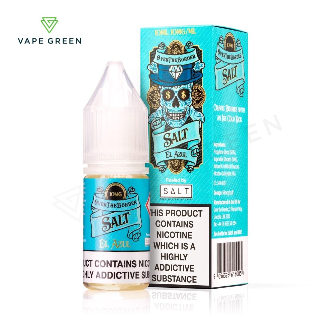 El Azul Nic Salt E-Liquid by Over The Border featuring a cool blue menthol Heisenberg flavor.