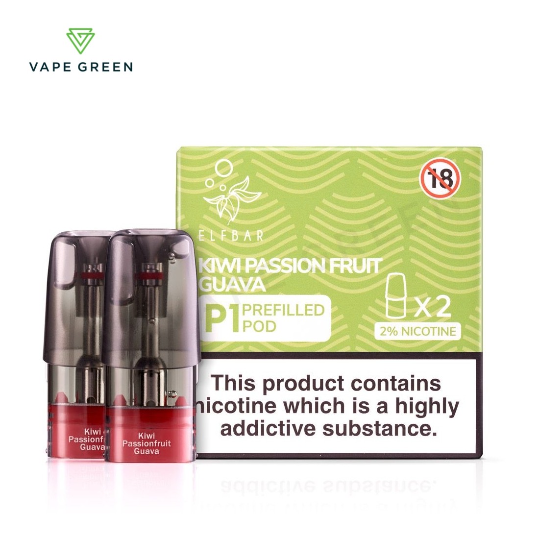 Kiwi Passion Fruit Guava Elf Bar Mate P1 pre-filled e-liquid pods for the Mate 500 kit.