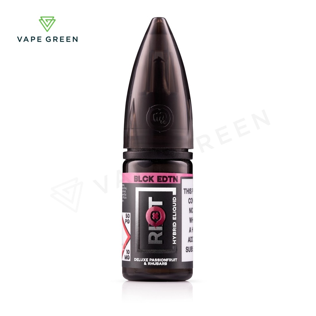 Deluxe Passionfruit Rhubarb hybrid nic salt e-liquid by Riot BLCK EDTN in a 10ml bottle.