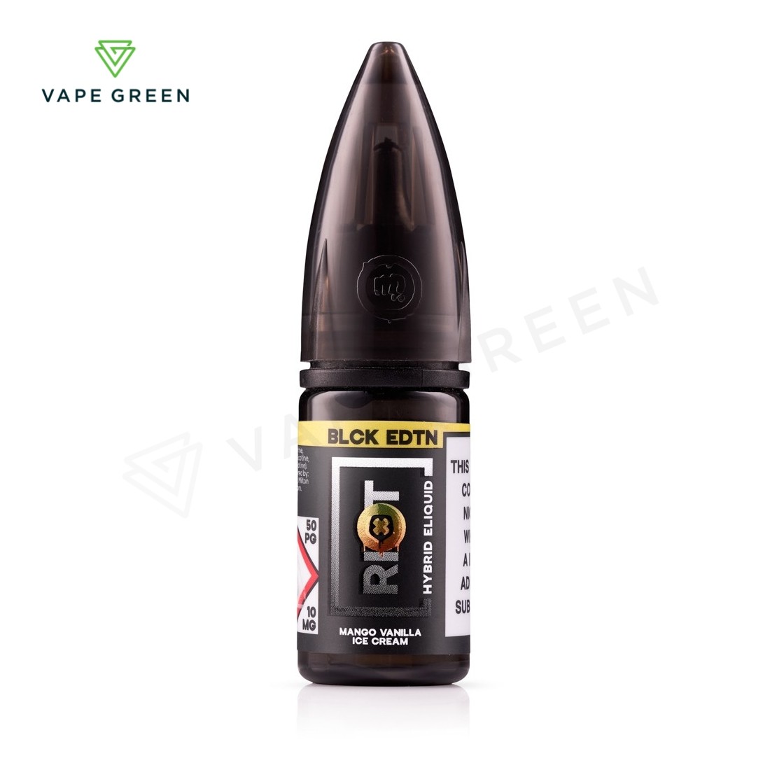 Riot BLCK EDTN Mango Vanilla Ice Cream hybrid salt e-liquid bottle in black packaging.
