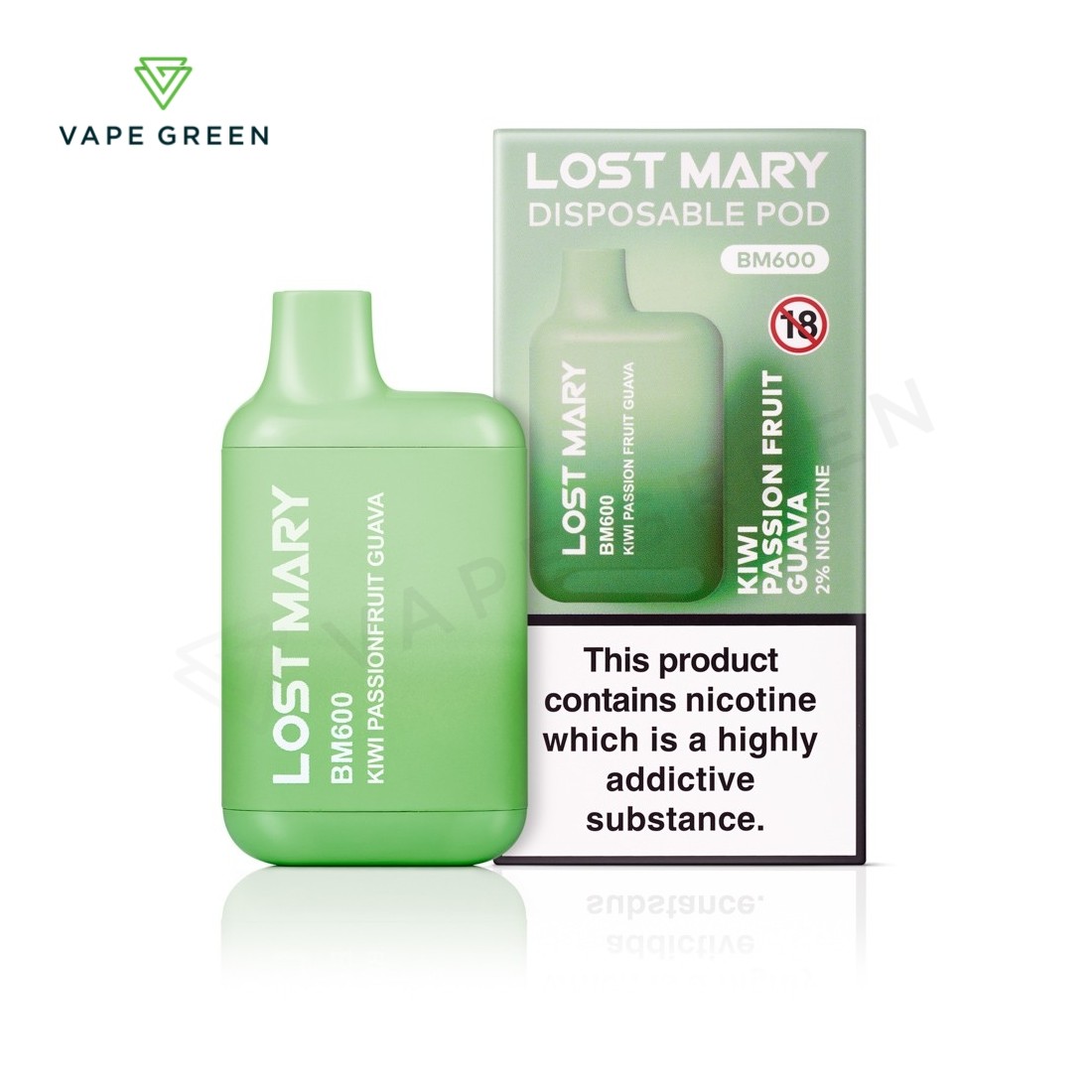 Kiwi Passion Fruit Guava Lost Mary BM600 disposable vape with a green and purple gradient.