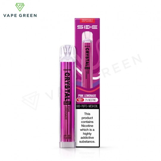 SKE Crystal Bar disposable vape in Pink Lemonade flavour showing the metallic inner tube.