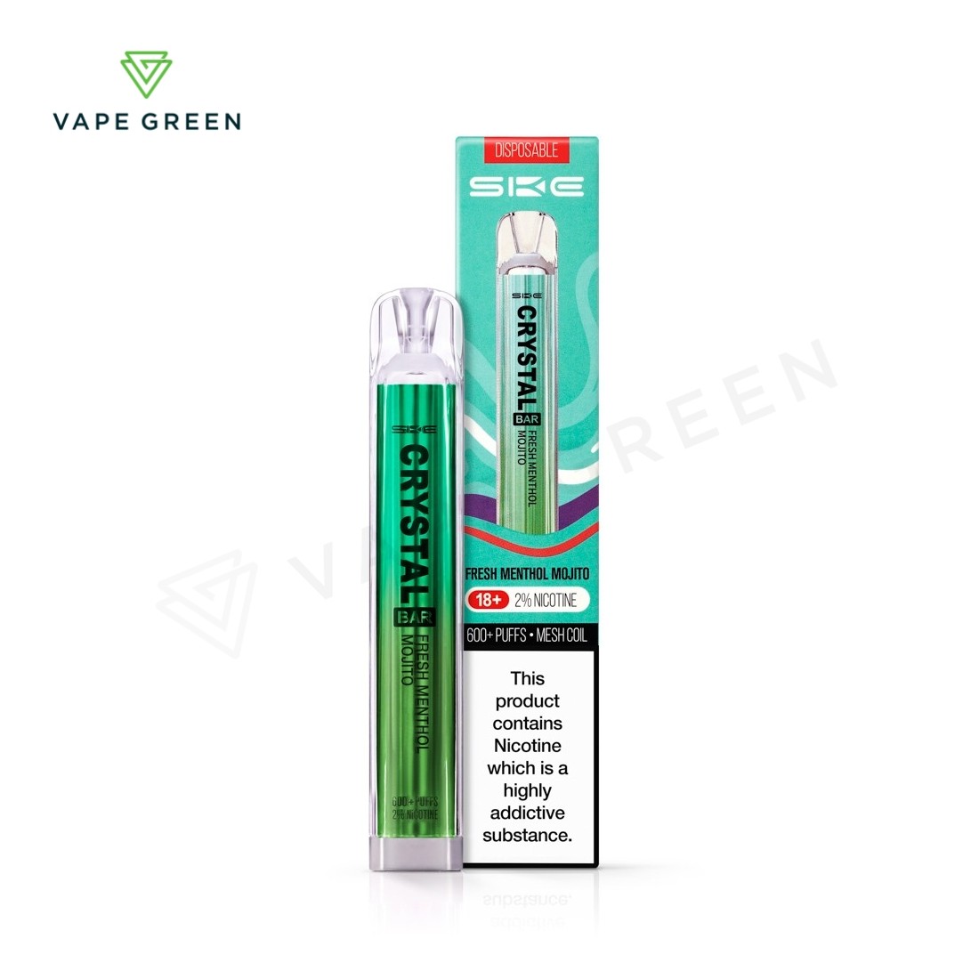 Fresh Menthol Mojito SKE Crystal Bar disposable vape with a clear, stylish outer casing.
