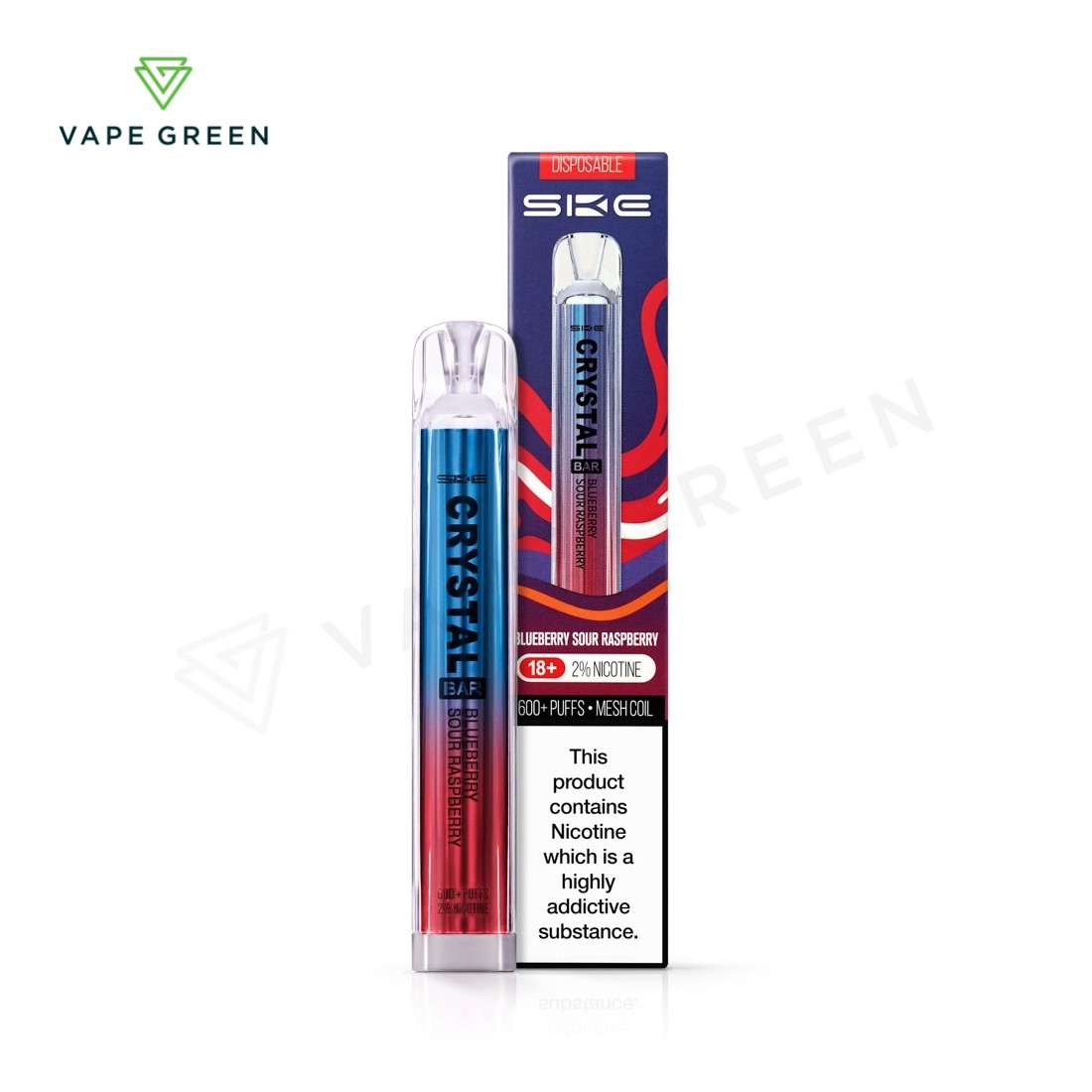 Blueberry Sour Raspberry SKE Crystal Bar disposable vape with a sleek crystal-like design.