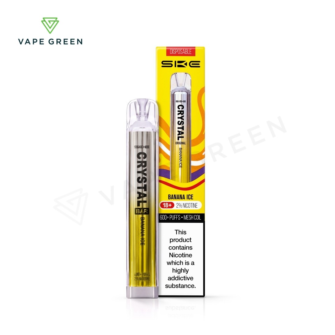 Banana Ice SKE Crystal Bar disposable vape with a smooth yellow finish and ergonomic mouthpiece.