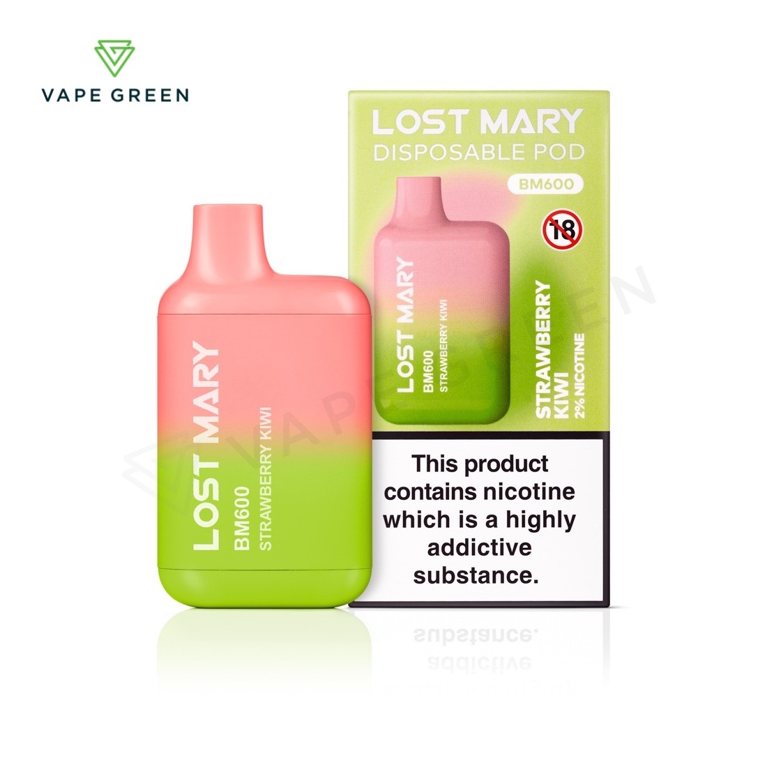 Lost Mary BM600 Strawberry Kiwi disposable vape with a smooth ergonomic hand feel.