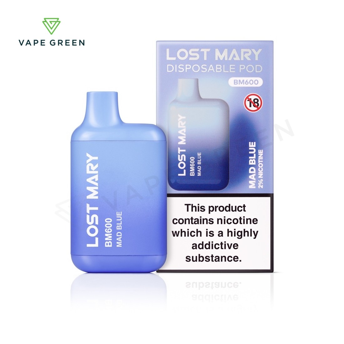 Mad Blue Lost Mary BM600 disposable vape showing the compact box shape and blue gradient color scheme.