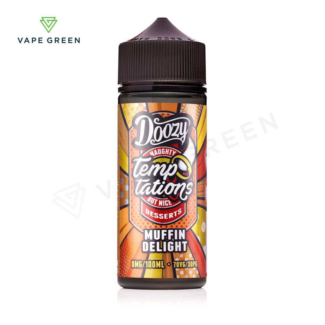 Doozy Temptations Muffin Delight 100ml shortfill E-Liquid bottle with sweet muffin dessert imagery.