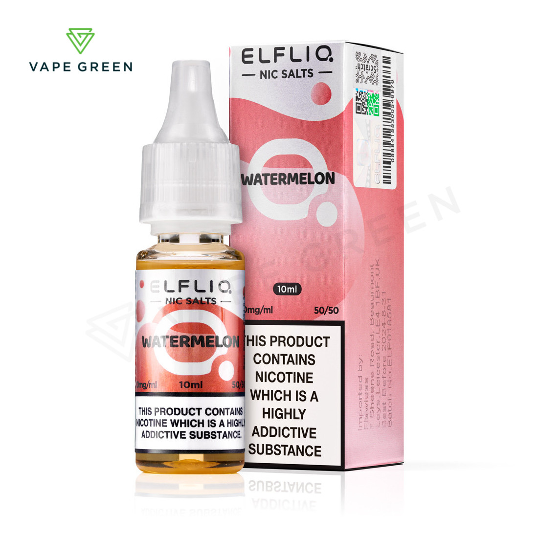 Watermelon flavored Elfliq nicotine salt e-liquid bottle showing the official Elf Bar branding.