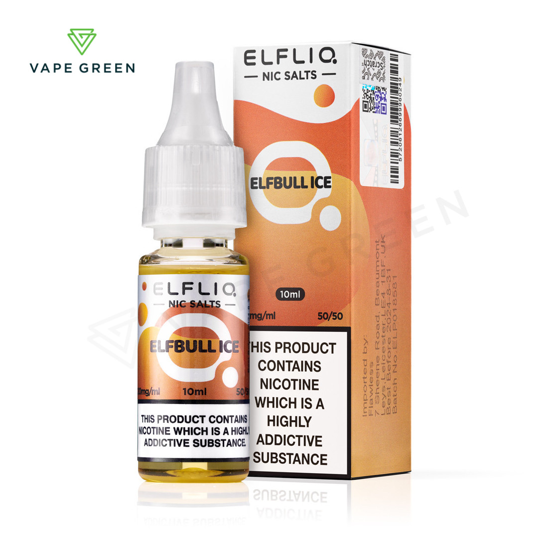 Elfbull Ice Elfliq nic salt E-Liquid by Elf Bar in a 10ml bottle for pod kits.
