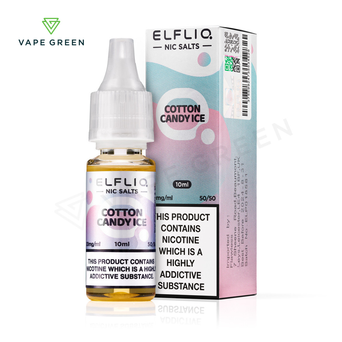 Cotton Candy Ice Elfliq nic salt e-liquid by Elf Bar featuring a sweet and cool flavor profile.
