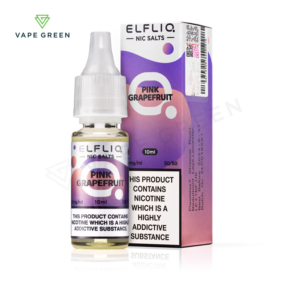 Pink Grapefruit Elf Bar Elfliq nicotine salt e-liquid bottle for use in pod vape kits.