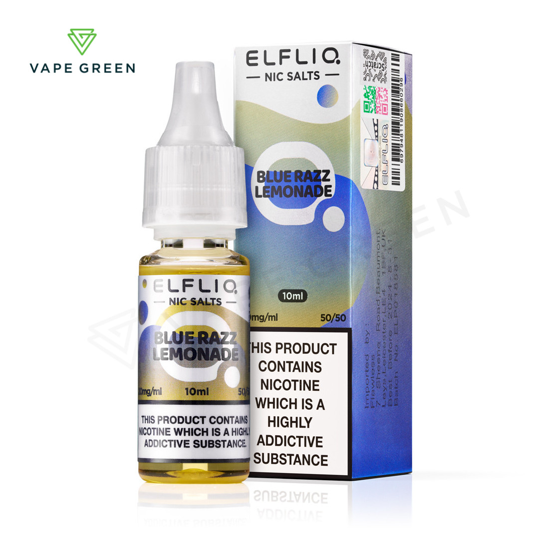 Blue Razz Lemonade Elf Bar Elfliq nic salt e-liquid bottle with vibrant blue packaging.
