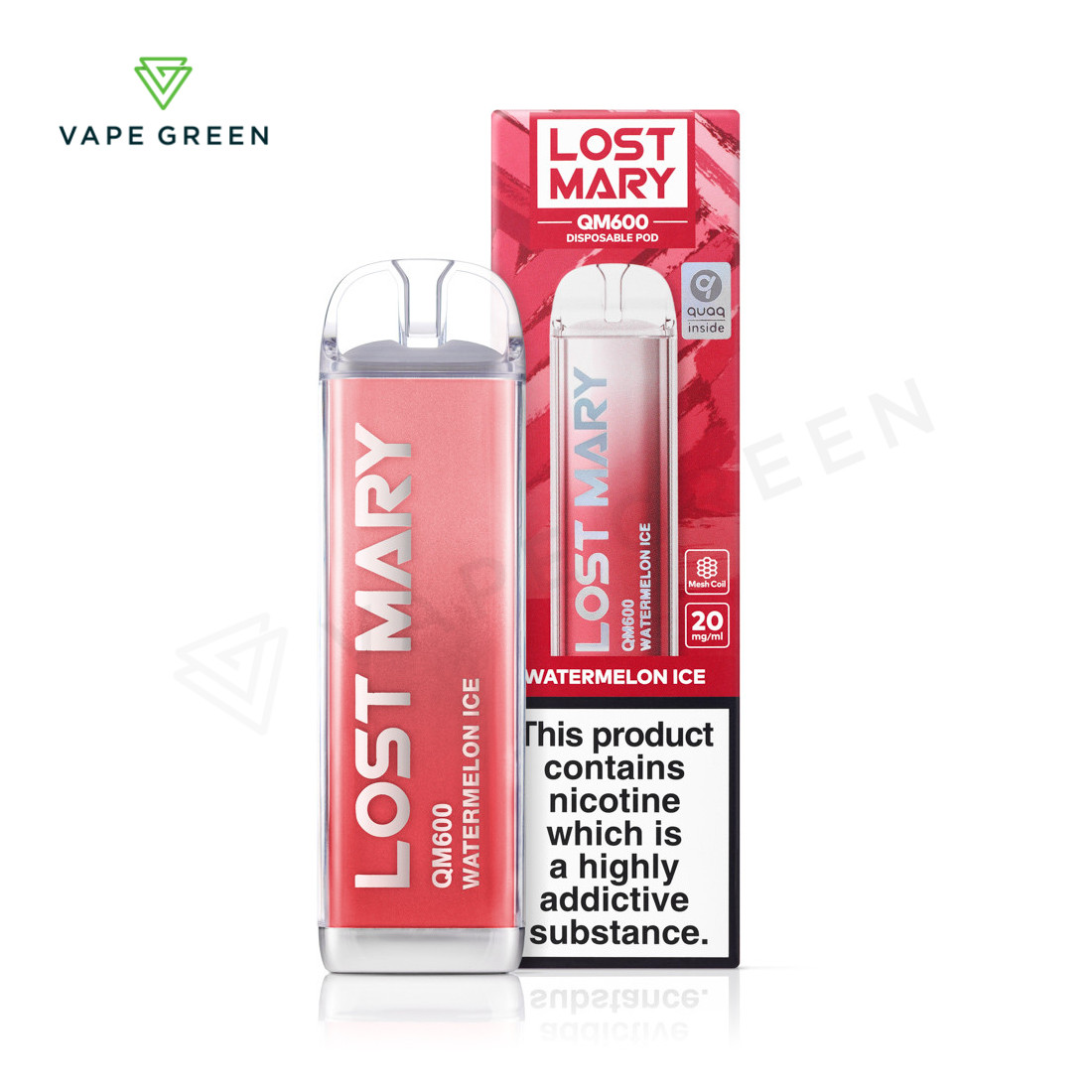 Watermelon Ice Lost Mary QM600 disposable vape pod with a slim design and mesh coil.