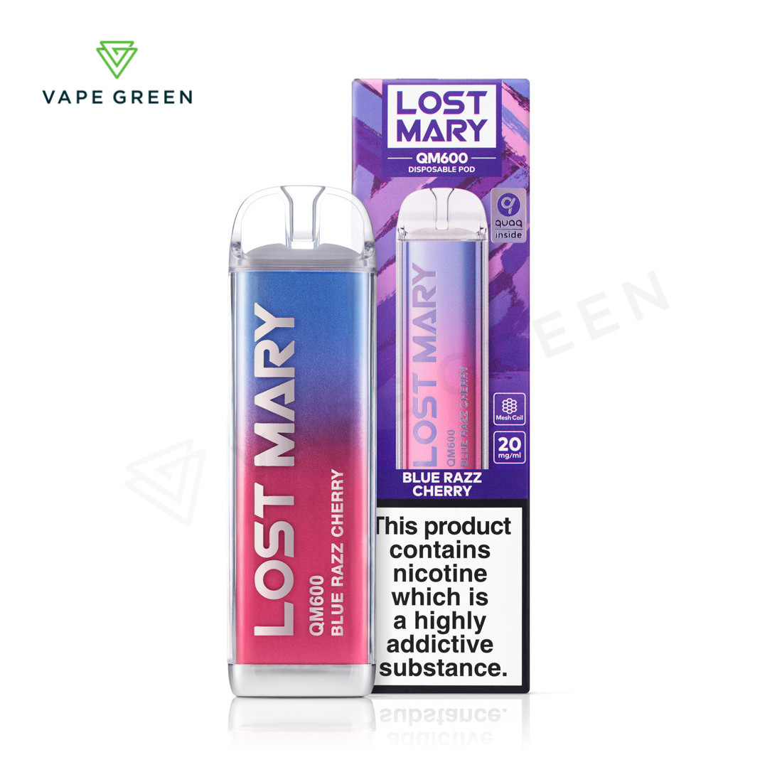 Blue Razz Cherry Lost Mary QM600 disposable e-cigarette with a sleek crystal finish.