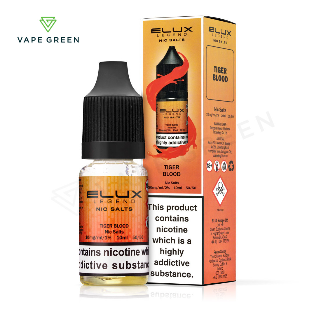 Tiger Blood Elux Legend nic salt E-Liquid featuring an energy drink blend with fruit notes.