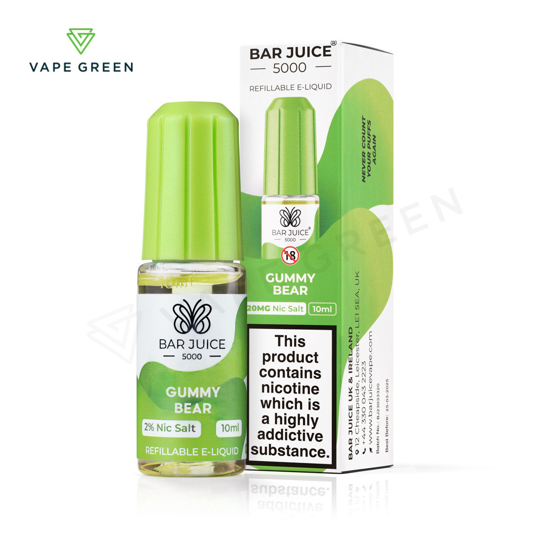 Bar Juice 5000 Gummy Bear nic salt e-liquid bottle with sweet candy flavour profile.