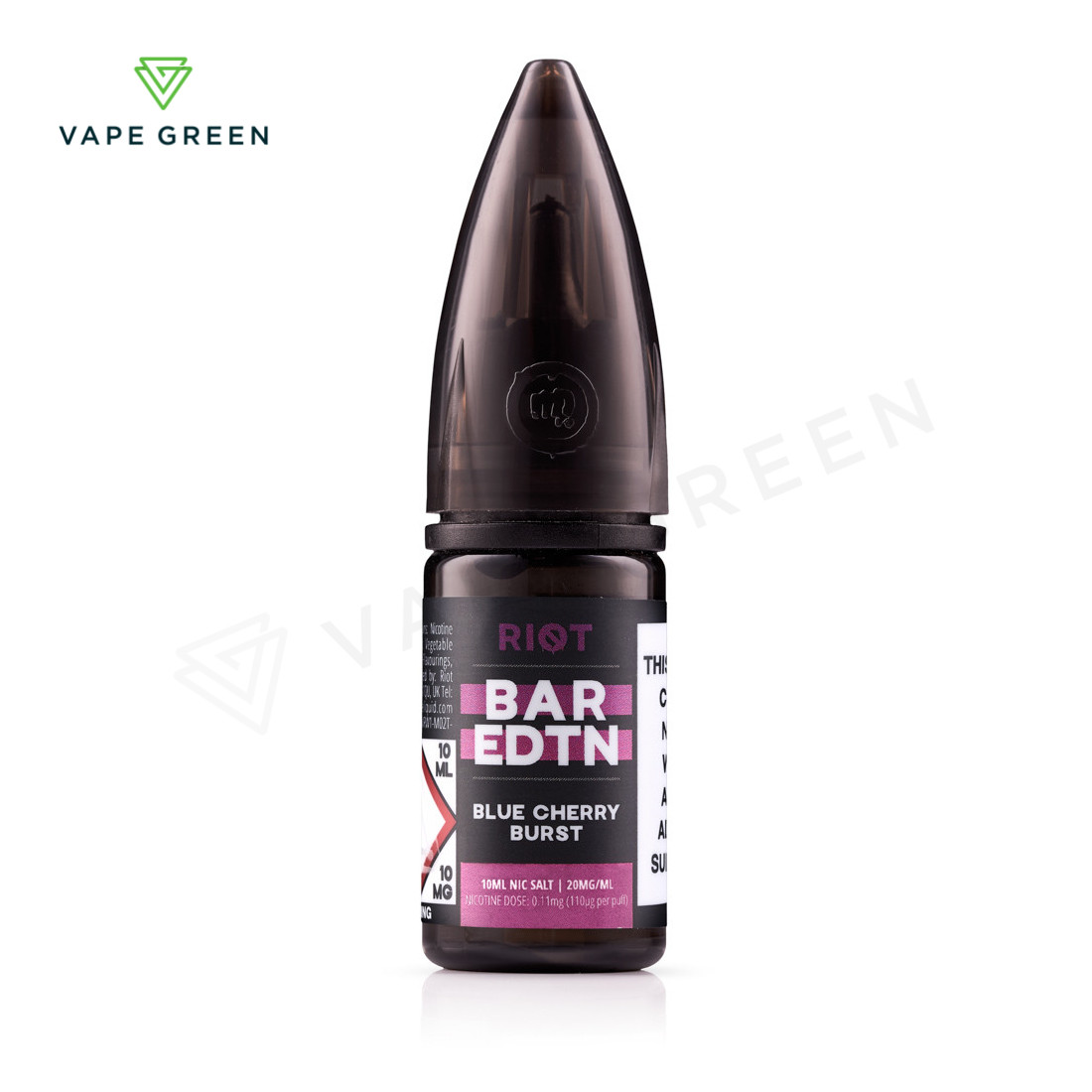 Blue Cherry Burst Riot BAR EDTN nic salt e-liquid bottle with sweet fruit graphics.