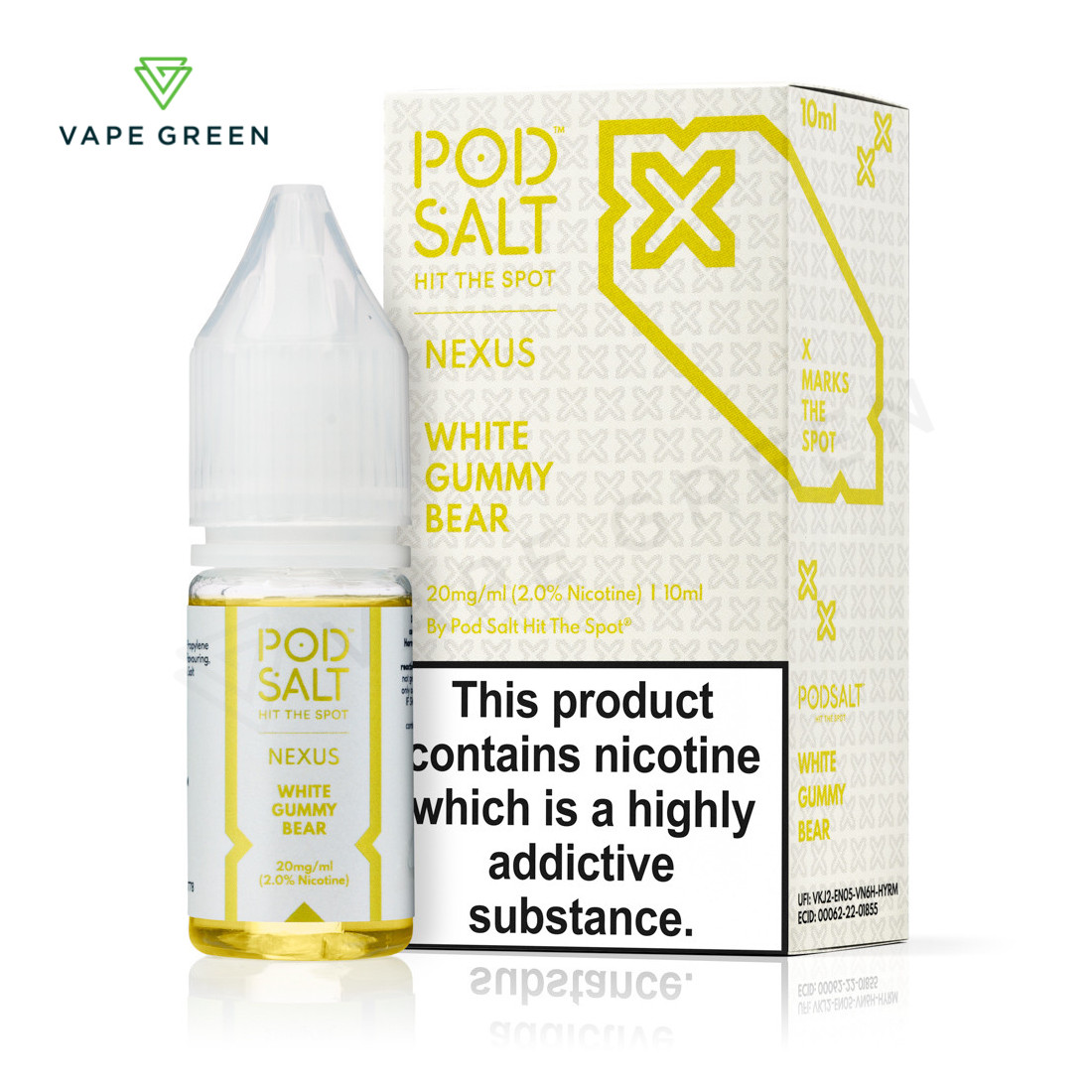 Nexus Pod Salt White Gummy Bear nic salt e-liquid with a sweet pineapple candy taste.