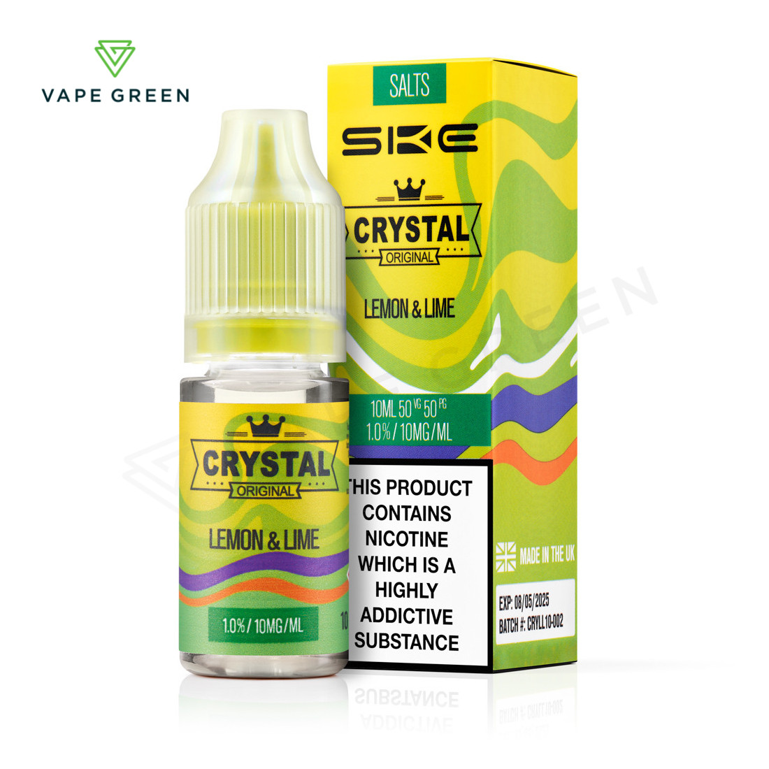 Lemon Lime SKE Crystal nic salt e-liquid bottle, a refreshing citrus disposable vape juice.