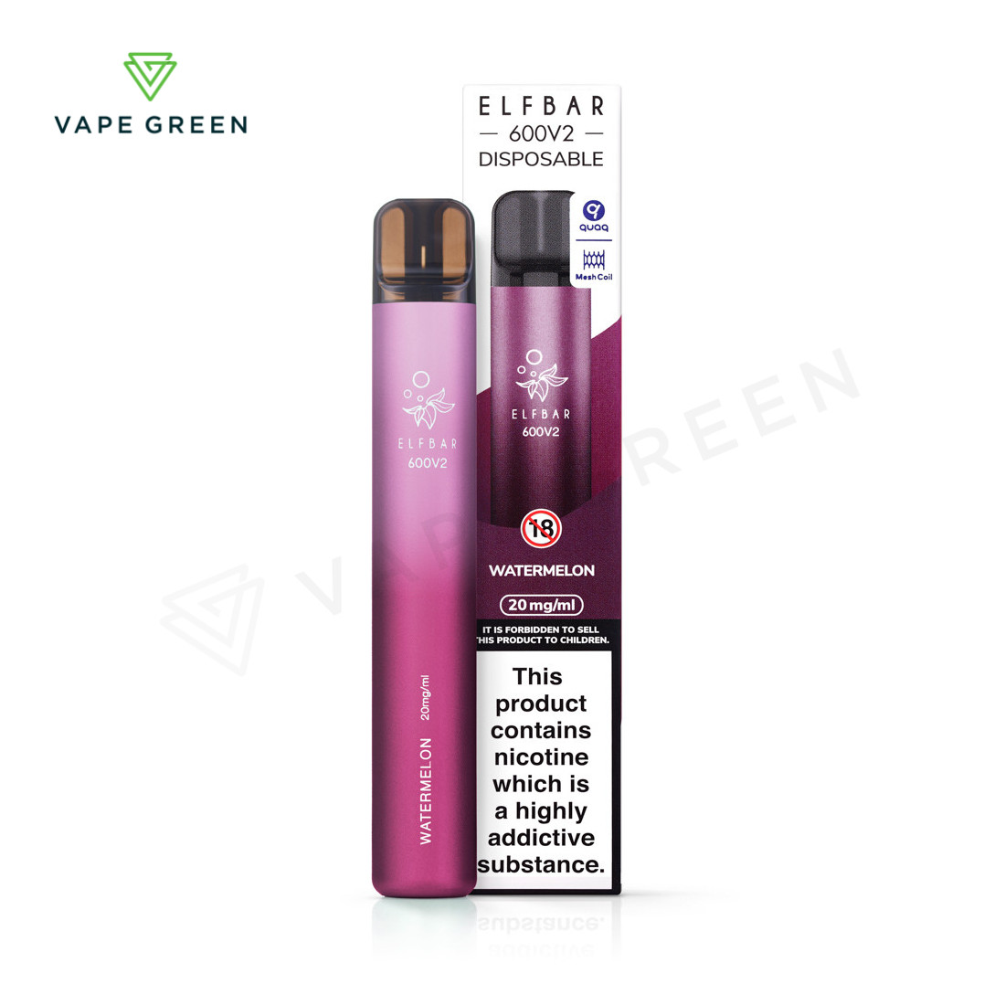 Elf Bar 600 V2 disposable vape in a refreshing watermelon flavor with QUAQ mesh coil.