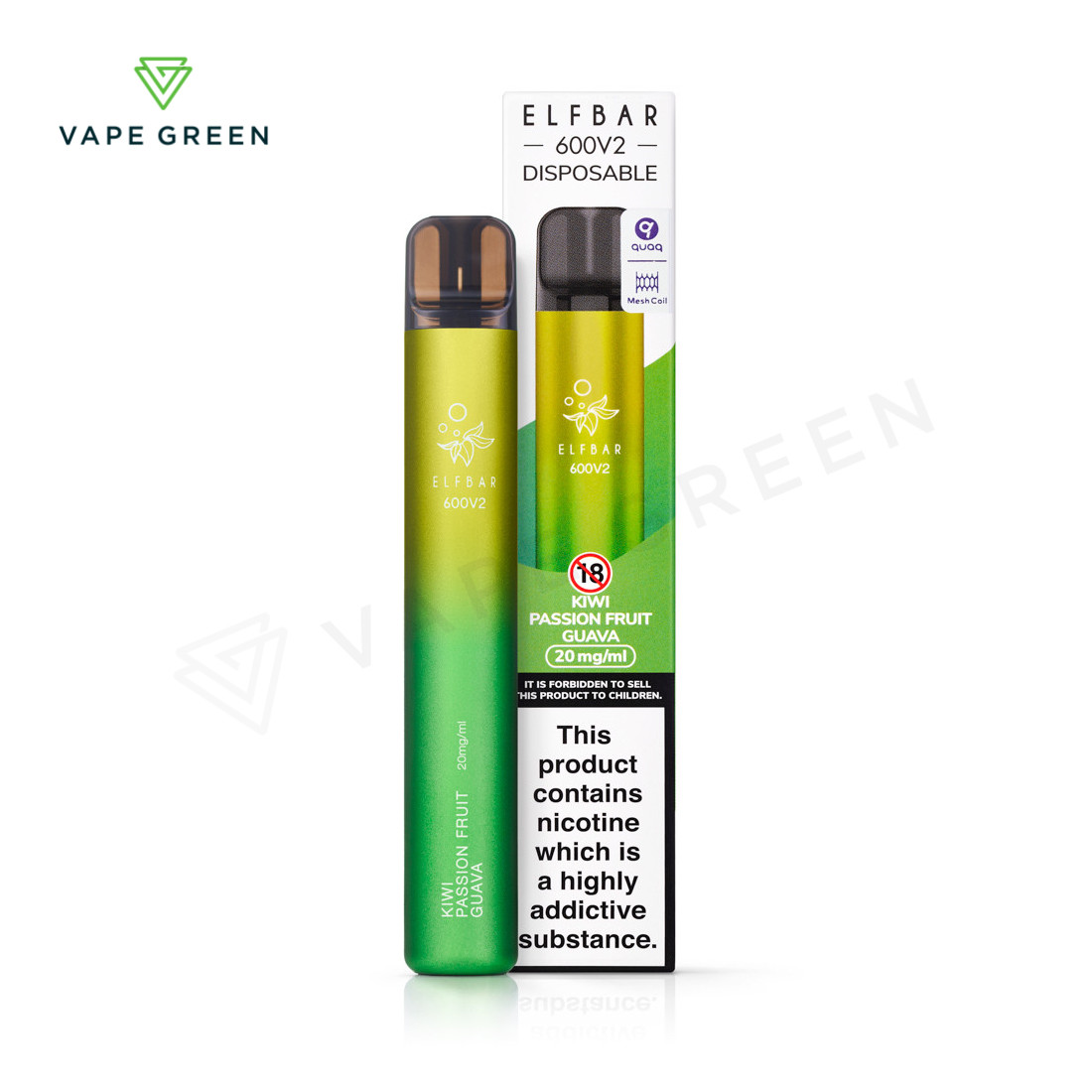 Elf Bar 600 V2 disposable vape in Kiwi Passionfruit Guava tropical fruit flavour.