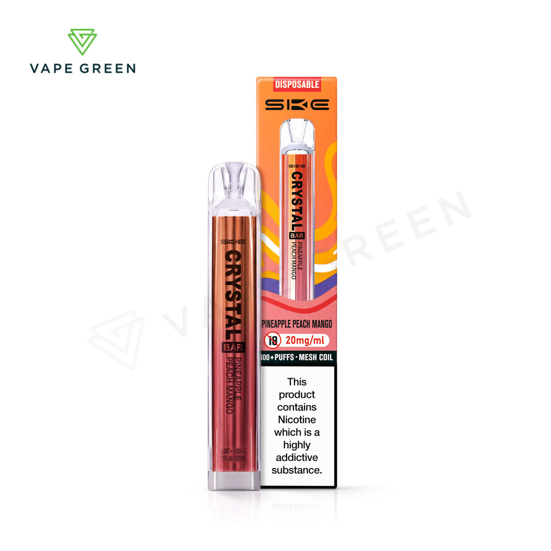 SKE Crystal Bar disposable vape featuring a tropical Pineapple Peach Mango fruit blend.