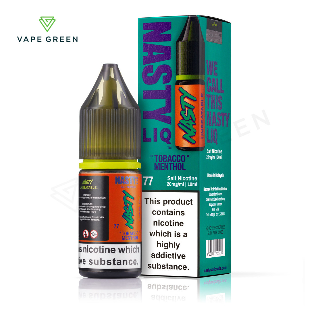 Tobacco Menthol Nasty Liq nic salt e-liquid bottle, a classic blend for smooth nicotine delivery.