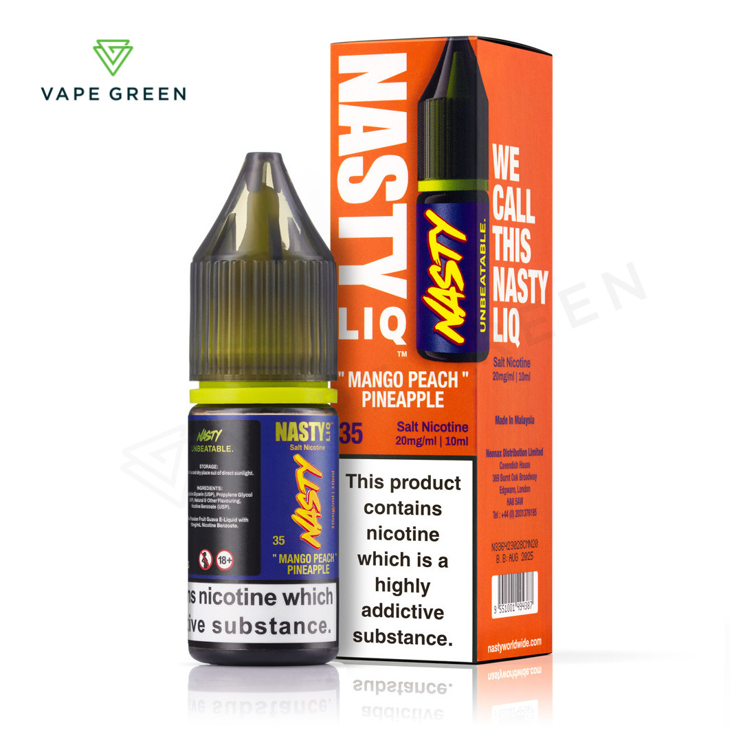 Mango Peach Pineapple Nasty Liq nic salt e-liquid bottle with tropical fruit graphics.