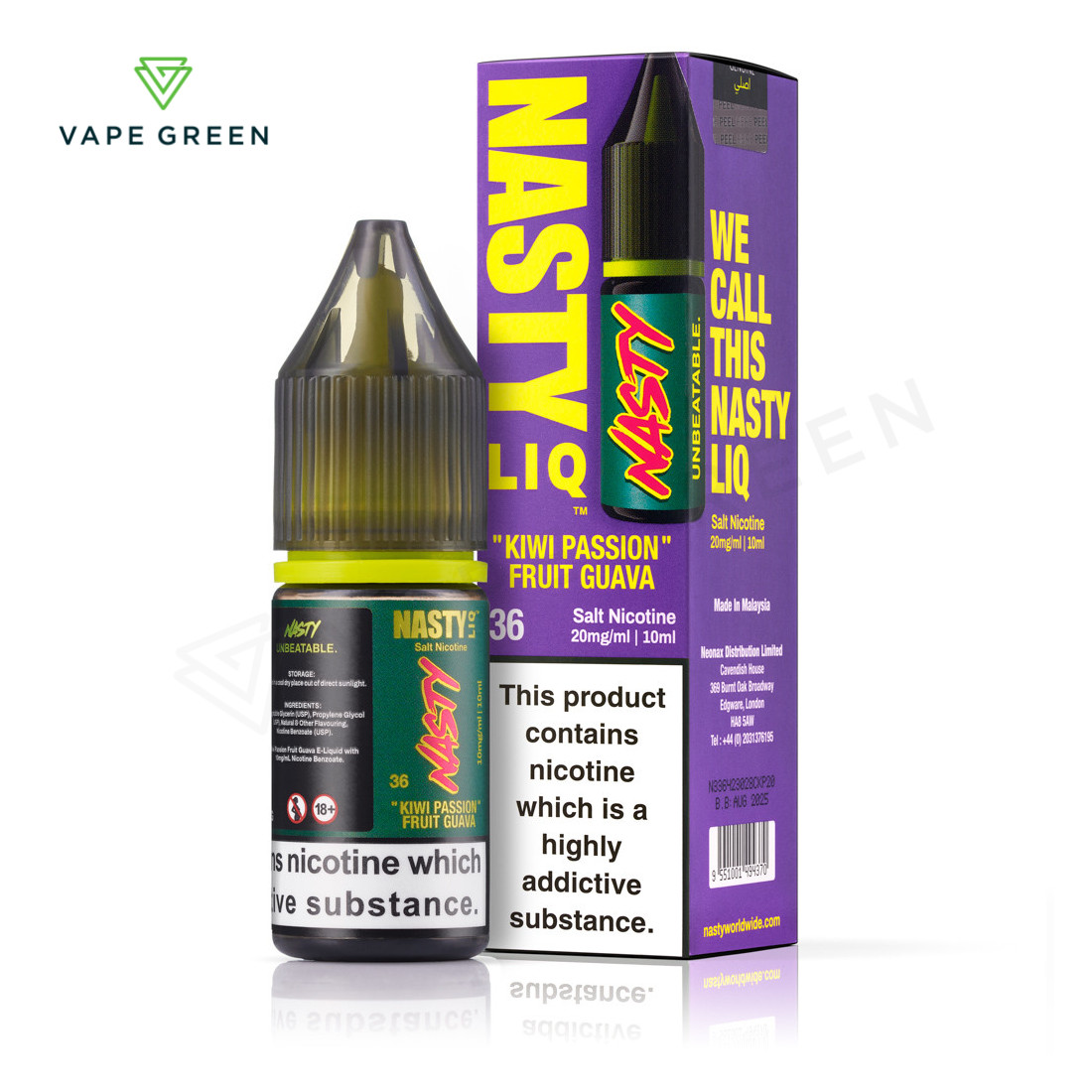 Kiwi Passionfruit Guava Nasty Liq nic salt e-liquid bottle with exotic fruit imagery.