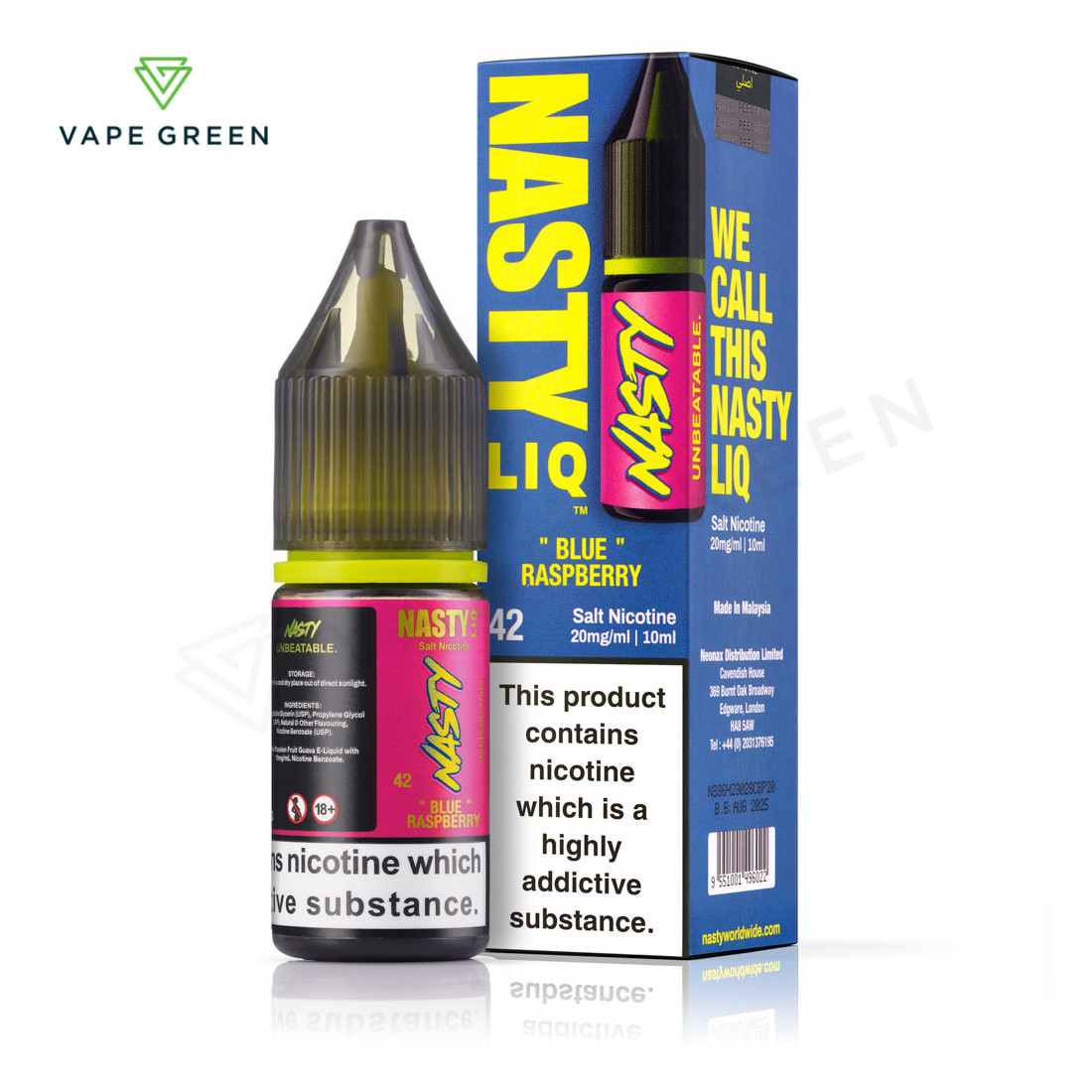 Blue Raspberry Nasty Liq nic salt e-liquid bottle with sweet and tangy berry illustrations.