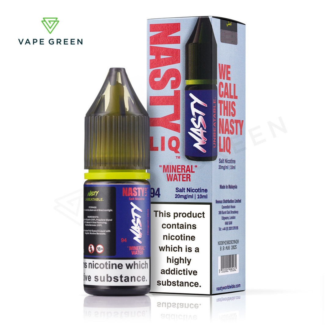 Mineral Water Nasty Liq nic salt e-liquid bottle, a refreshing and unique vape juice flavor.