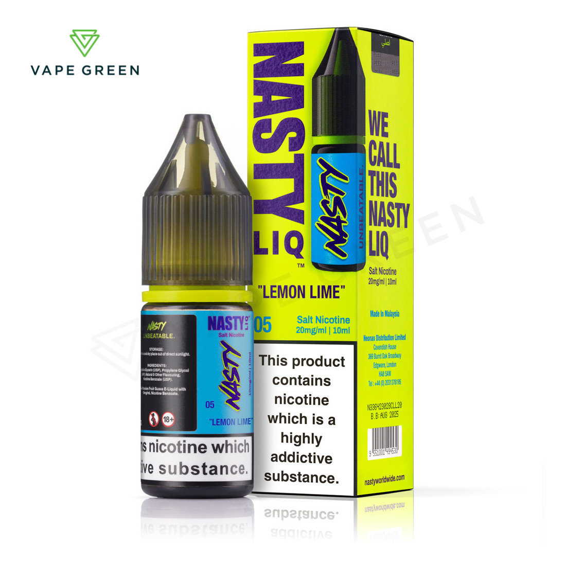 Lemon Lime Nasty Liq nic salt e-liquid bottle featuring a zesty citrus disposable flavor.