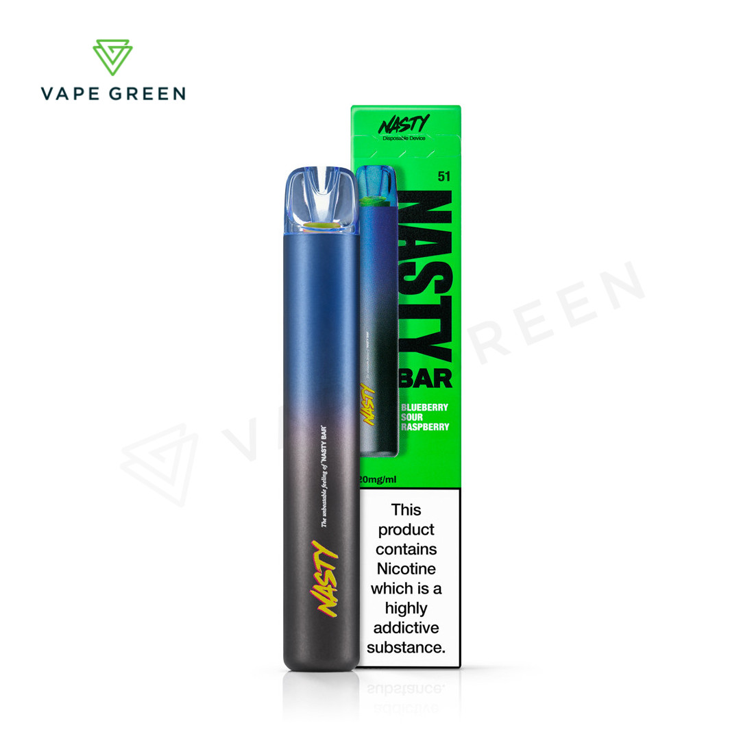 Blueberry Sour Raspberry Nasty Bar DX2 disposable vape kit with a vibrant blue and purple fruit theme.