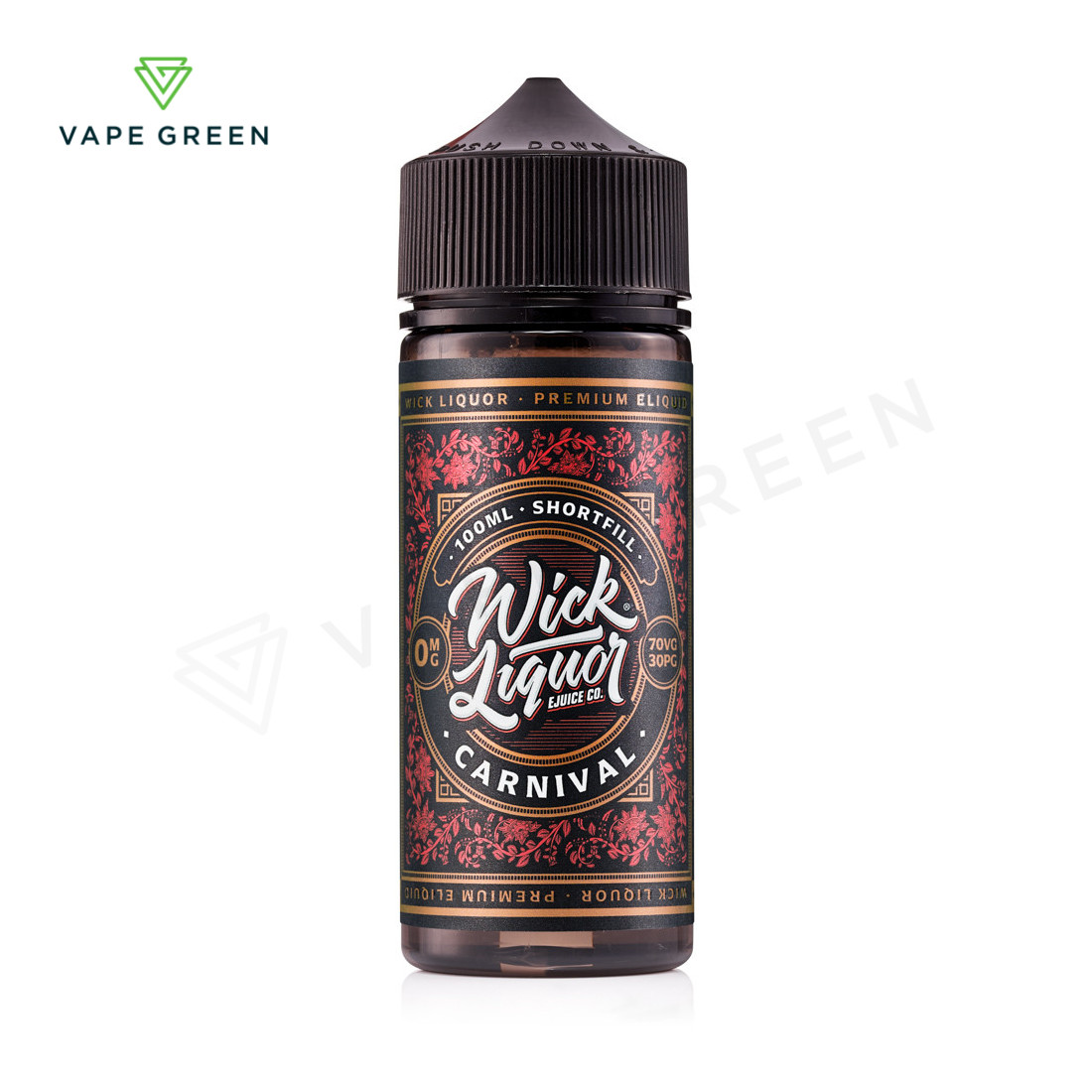 Wick Liquor Carnival 100ml shortfill E-Liquid bottle featuring glazed doughnut and cholo cake flavours.