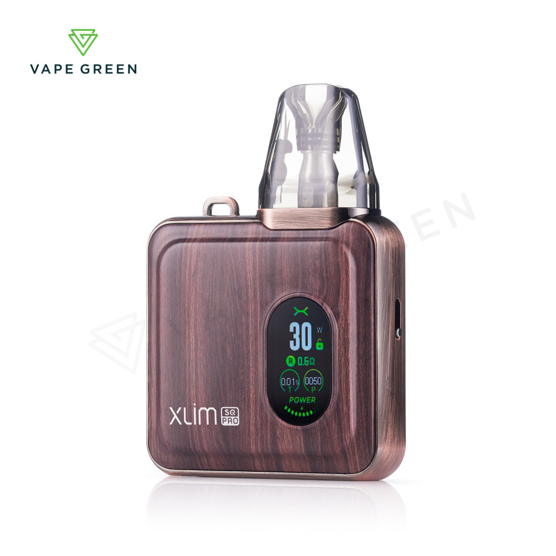 OXVA Xlim SQ Pro pod kit, a square-shaped compact device with a digital display screen.