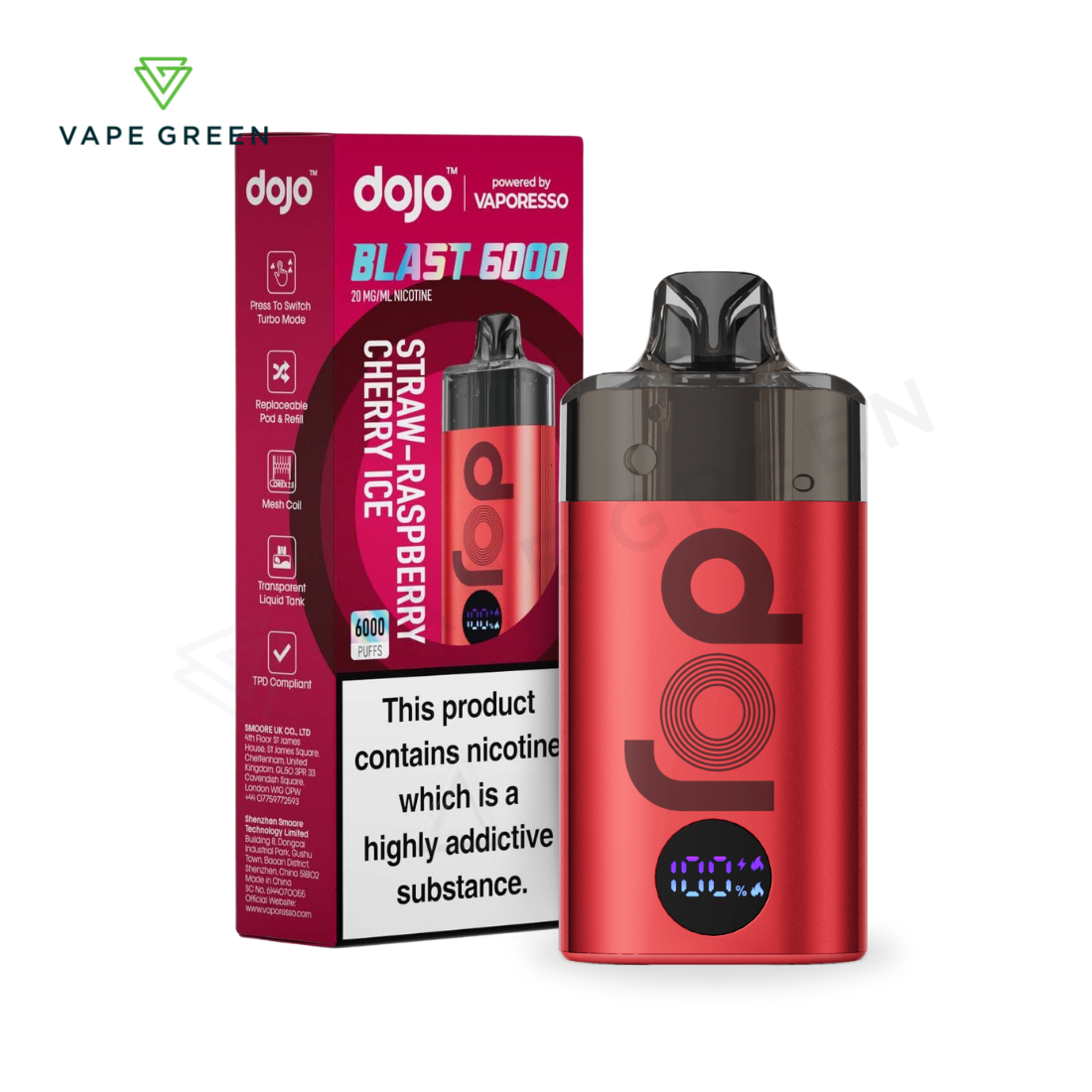 Vaporesso Dojo Blast 6000 pod kit, a high-capacity big puff vape for UK vapers.