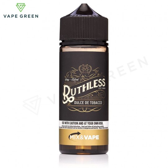 Ruthless Dulce De Tobacco 100ml e-liquid bottle mixing sweet caramel and earthy tobacco.