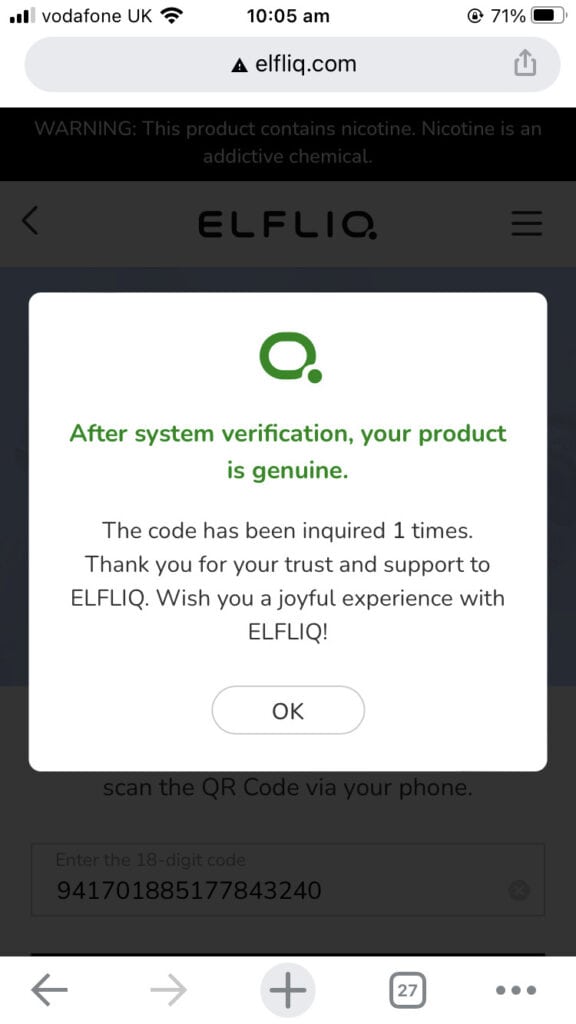 Elf Bar Elfliq Verification
