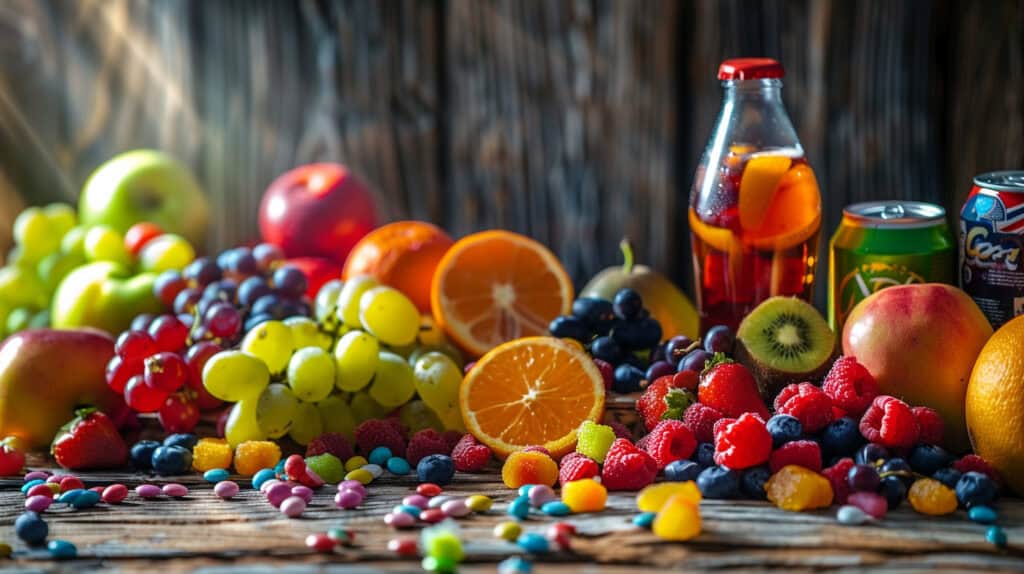 An array of fruits, sodas and candies