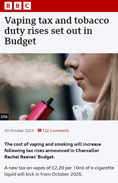 Vaping tax and tobacco duty rises set out in Budget