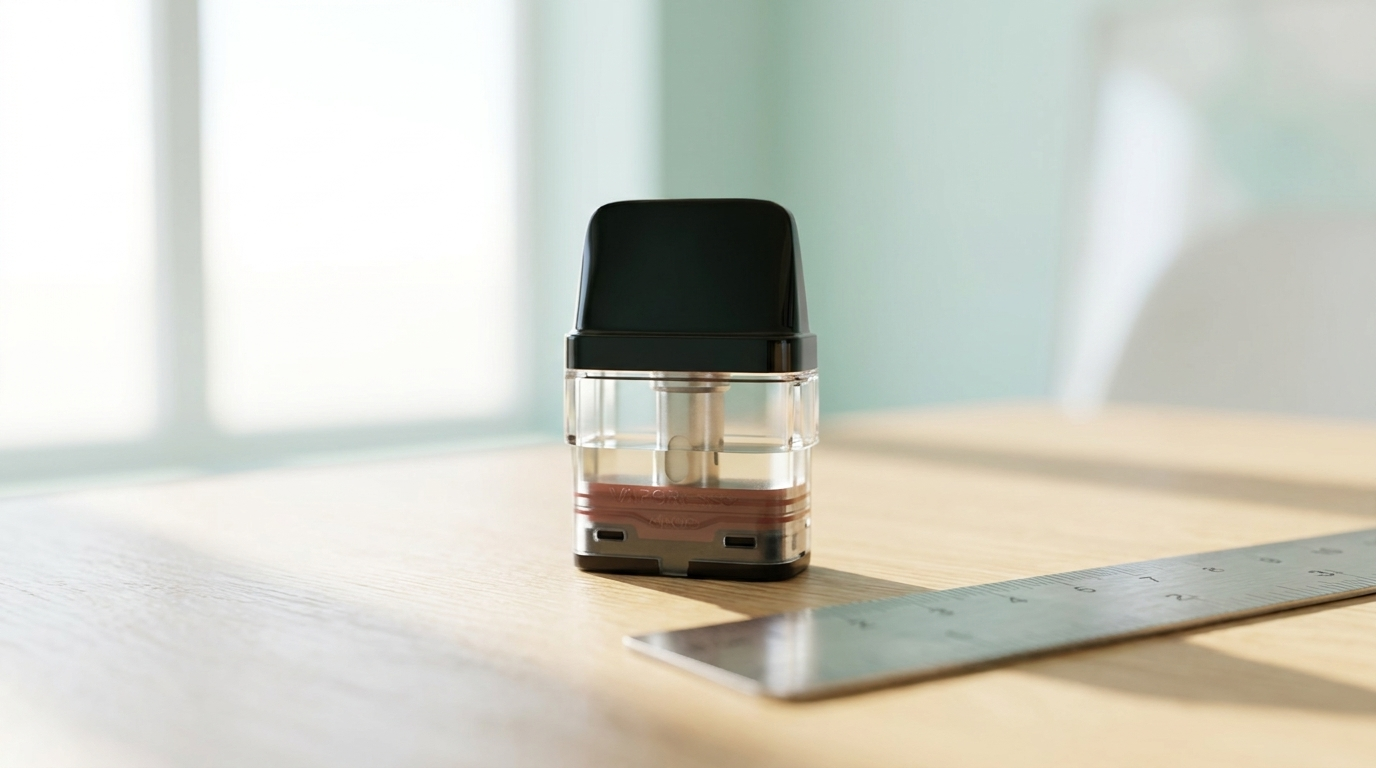 A 2ml vape pod held up to the light, showing the TPD capacity limit