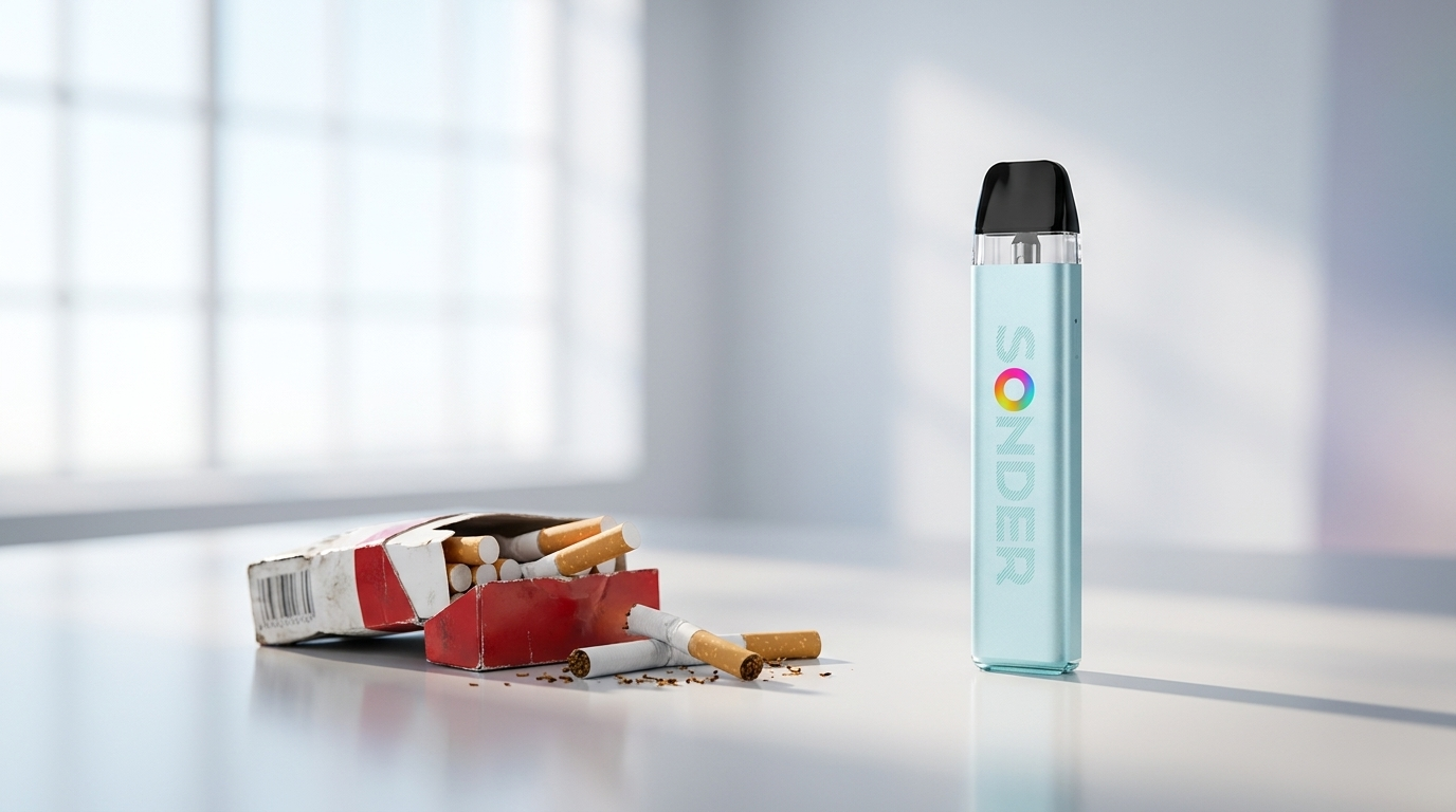A crumpled cigarette packet beside a clean pod vape: the choice to switch