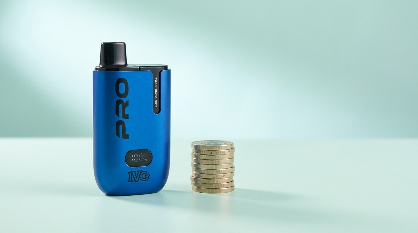 An IVG Pro prefilled pod kit beside a stack of pound coins