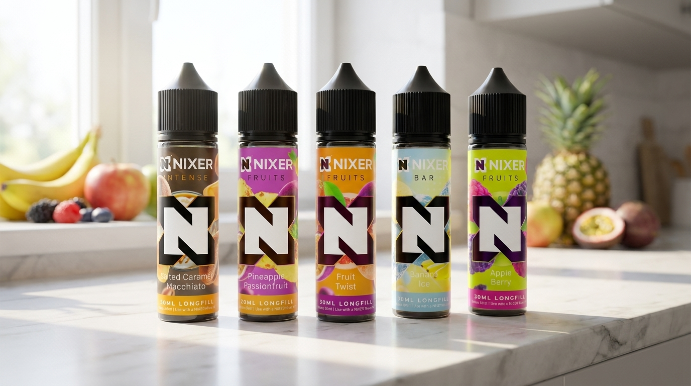 A line-up of Nixer longfill e-liquid flavour concentrates