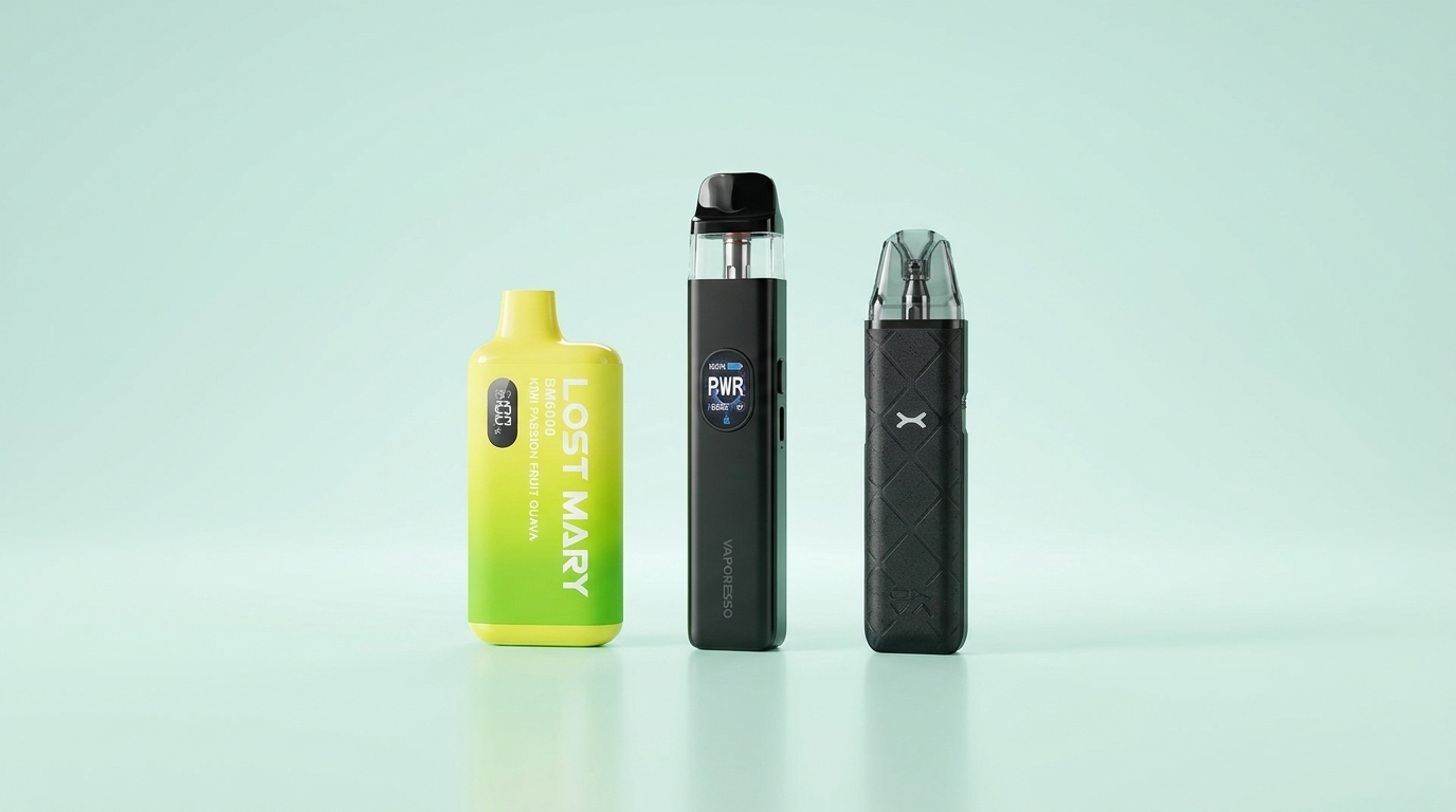 Beginner vape kit types: a prefilled big-puff kit, a refillable pod kit and a budget pod kit