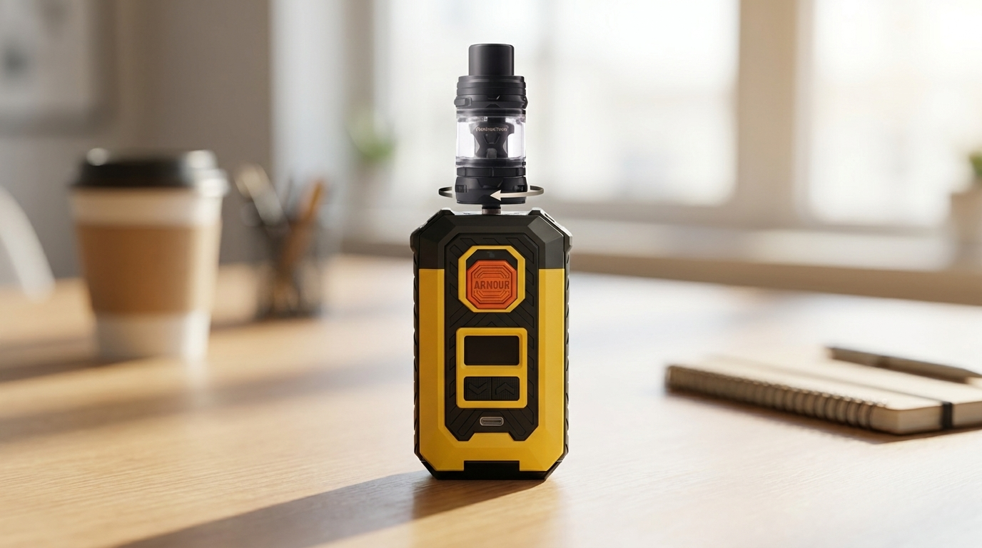 A sub-ohm vape tank mounted on a box mod
